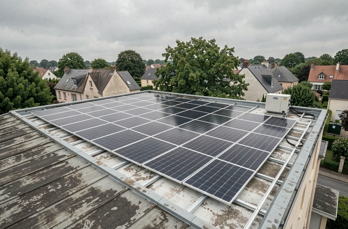 Vue d'ensemble d'une installation de panneaux photovoltaïques avec batterie de stockage sur toit plat en zone résidentielle