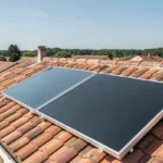 Panneaux solaires thermiques installés sur un toit en tuiles d'une maison individuelle en France