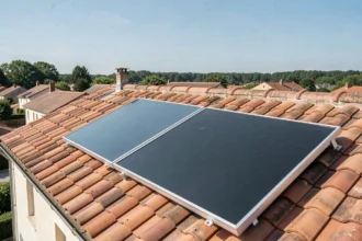 Panneaux solaires thermiques installés sur un toit en tuiles d'une maison individuelle en France