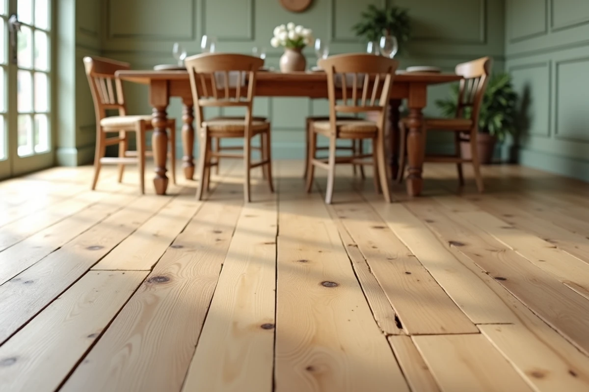 Détail parquet pin massif en chevrons dans une salle à manger style ferme chic avec table rustique et chaises cannées