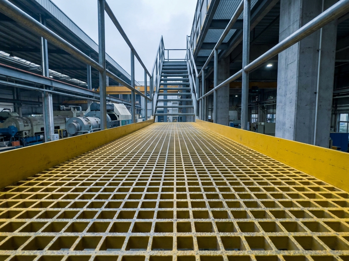Passerelle extérieure en caillebotis polyester jaune antidérapant dans un environnement industriel avec escalier métallique