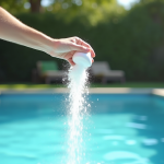 Personne versant du bicarbonate dans une piscine d'été