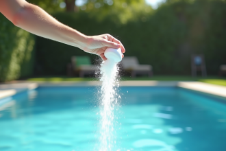 Personne versant du bicarbonate dans une piscine d'été