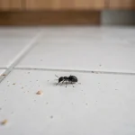 Petite bestiole noire identifiée sur le carrelage blanc d'une cuisine, vue macro du dessus