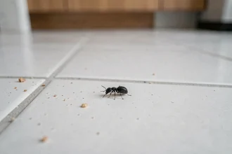 Petite bestiole noire identifiée sur le carrelage blanc d'une cuisine, vue macro du dessus
