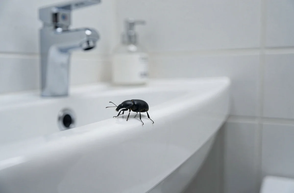 Petite bestiole noire sur le bord d'un lavabo en porcelaine blanche dans une salle de bain