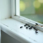Gros plan de petits insectes noirs regroupés sur le bord intérieur d'un cadre de fenêtre en bois blanc