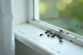 Gros plan de petits insectes noirs regroupés sur le bord intérieur d'un cadre de fenêtre en bois blanc