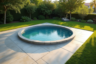 Piscine hors sol moderne sur dalle en béton propre et lisse