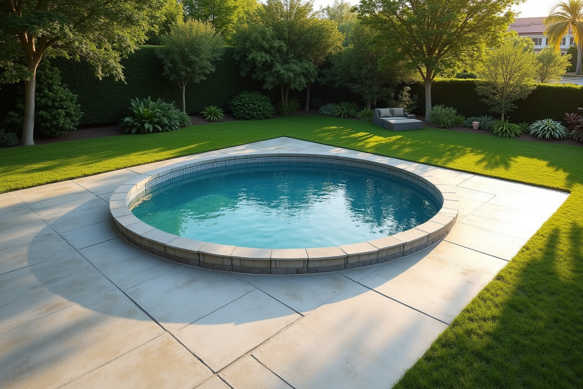 Piscine hors sol moderne sur dalle en béton propre et lisse