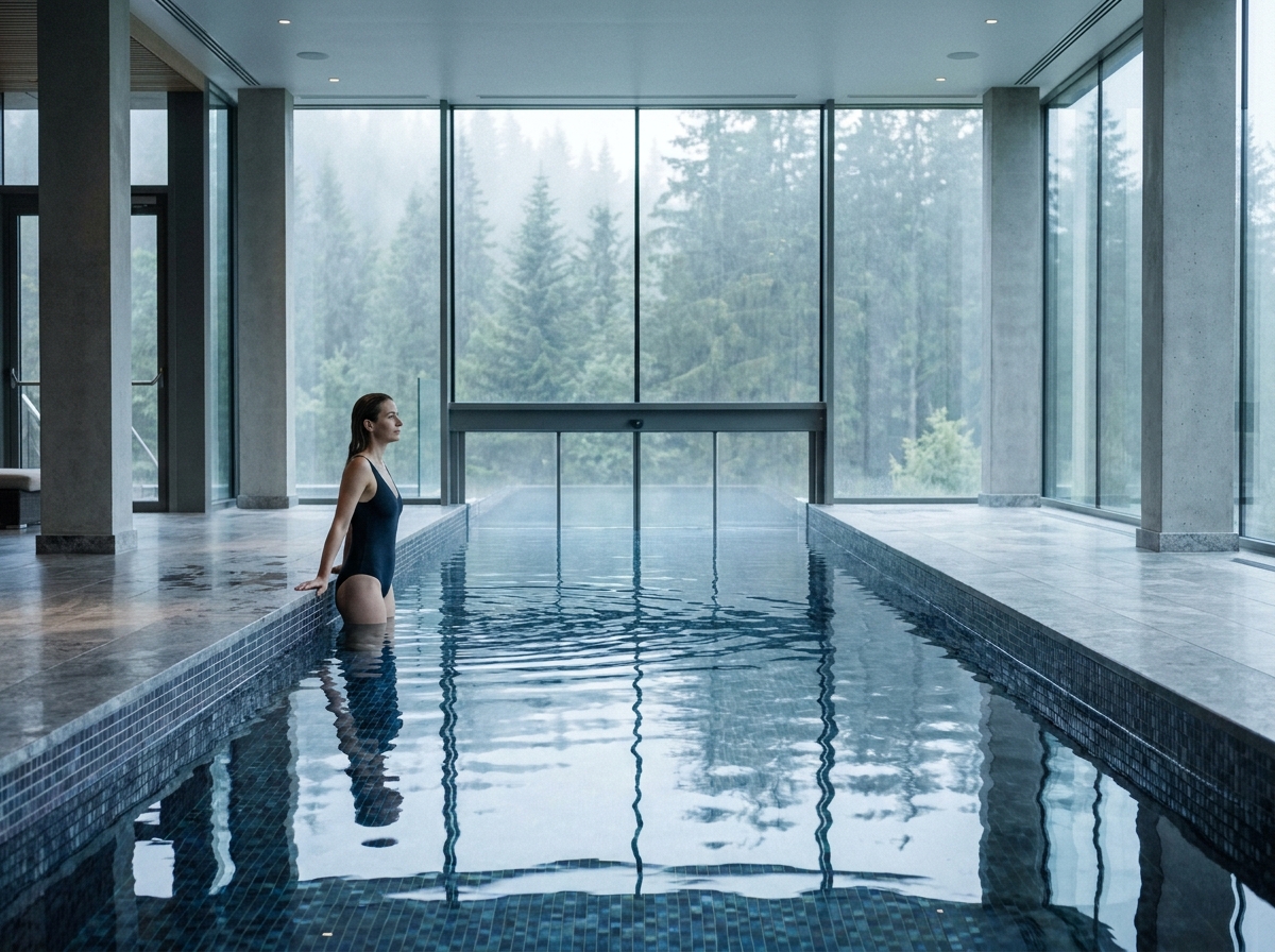 Piscine intérieure sur mesure avec mosaïque sombre dans un centre spa haut de gamme avec vue sur la forêt