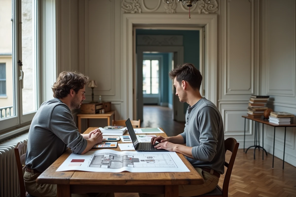 Homme utilisant un logiciel IA pour planifier la rénovation d'un appartement haussmannien avec parquet ancien et moulures