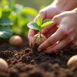 Main plantant une noix dans la terre de jardin