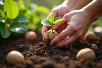 Main plantant une noix dans la terre de jardin
