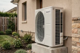 Pompe à chaleur air-eau monobloc installée sur la façade extérieure d'une maison individuelle