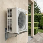 Pompe à chaleur air/eau Mitsubishi installée en extérieur sur facade de maison contemporaine