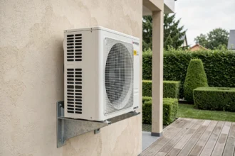 Pompe à chaleur air/eau Mitsubishi installée en extérieur sur facade de maison contemporaine