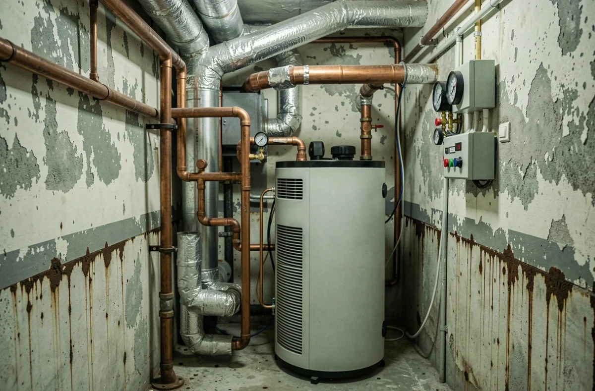 Pompe à chaleur moderne installée dans la chaufferie d'un immeuble collectif ancien avec réseau de tuyauteries en cuivre