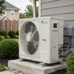 Pompe à chaleur air eau Daikin Altherma installée sur socle béton dans un jardin résidentiel moderne