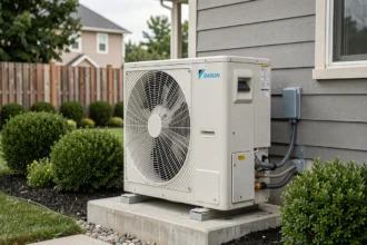 Pompe à chaleur air eau Daikin Altherma installée sur socle béton dans un jardin résidentiel moderne