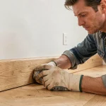 Artisan posant un cache angle plinthe bois sur un parquet chêne clair dans un appartement rénové