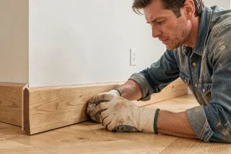Artisan posant un cache angle plinthe bois sur un parquet chêne clair dans un appartement rénové