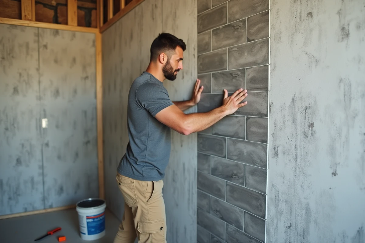 Artisan posant une dalle PVC effet pierre sur un mur de salle de bain en cours de rénovation