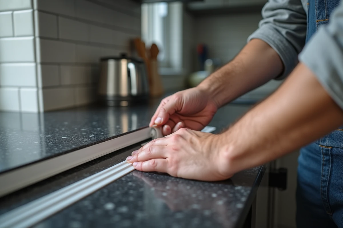 Pose d'une goulotte adhésive en plastique blanc sur le bord d'un plan de travail en granit noir pour dissimuler les câbles de cuisine
