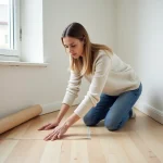 Femme posant un PVC en bois clair dans un salon en rénovation