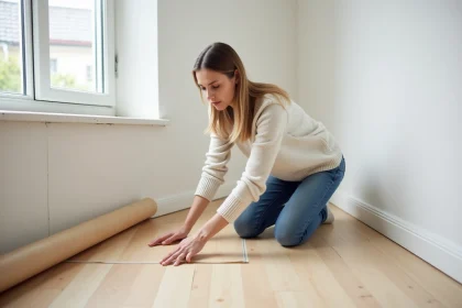 Femme posant un PVC en bois clair dans un salon en rénovation