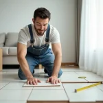 Homme posant des carreaux de sol dans un appartement moderne