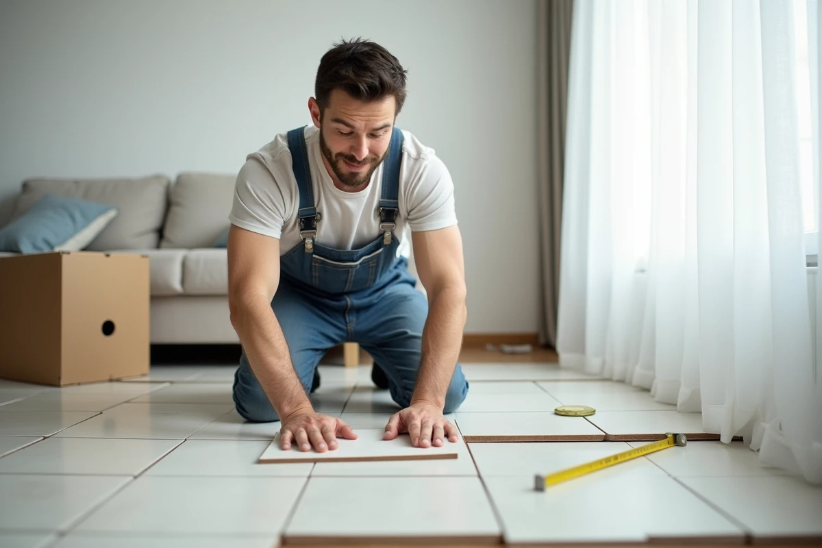 Homme posant des carreaux de sol dans un appartement moderne
