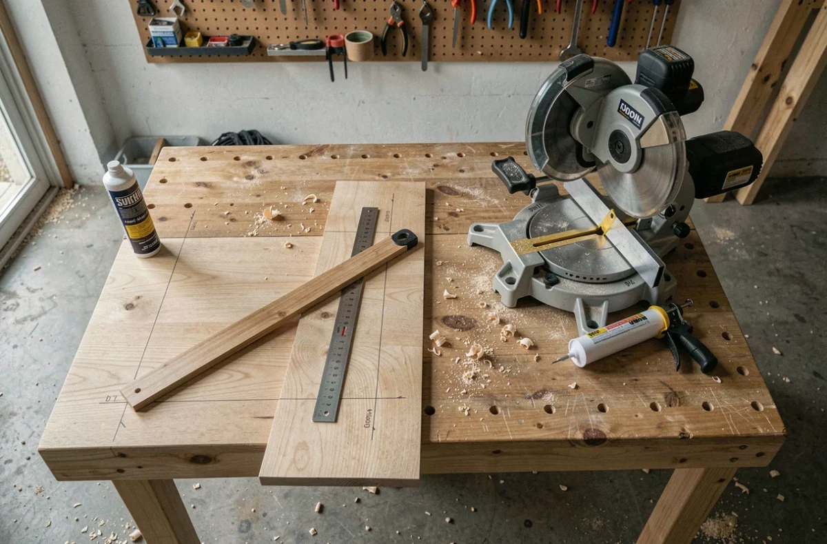 Établi d'atelier avec cache angle plinthe bois, mètre pliant et scie à onglets pour une pose précise