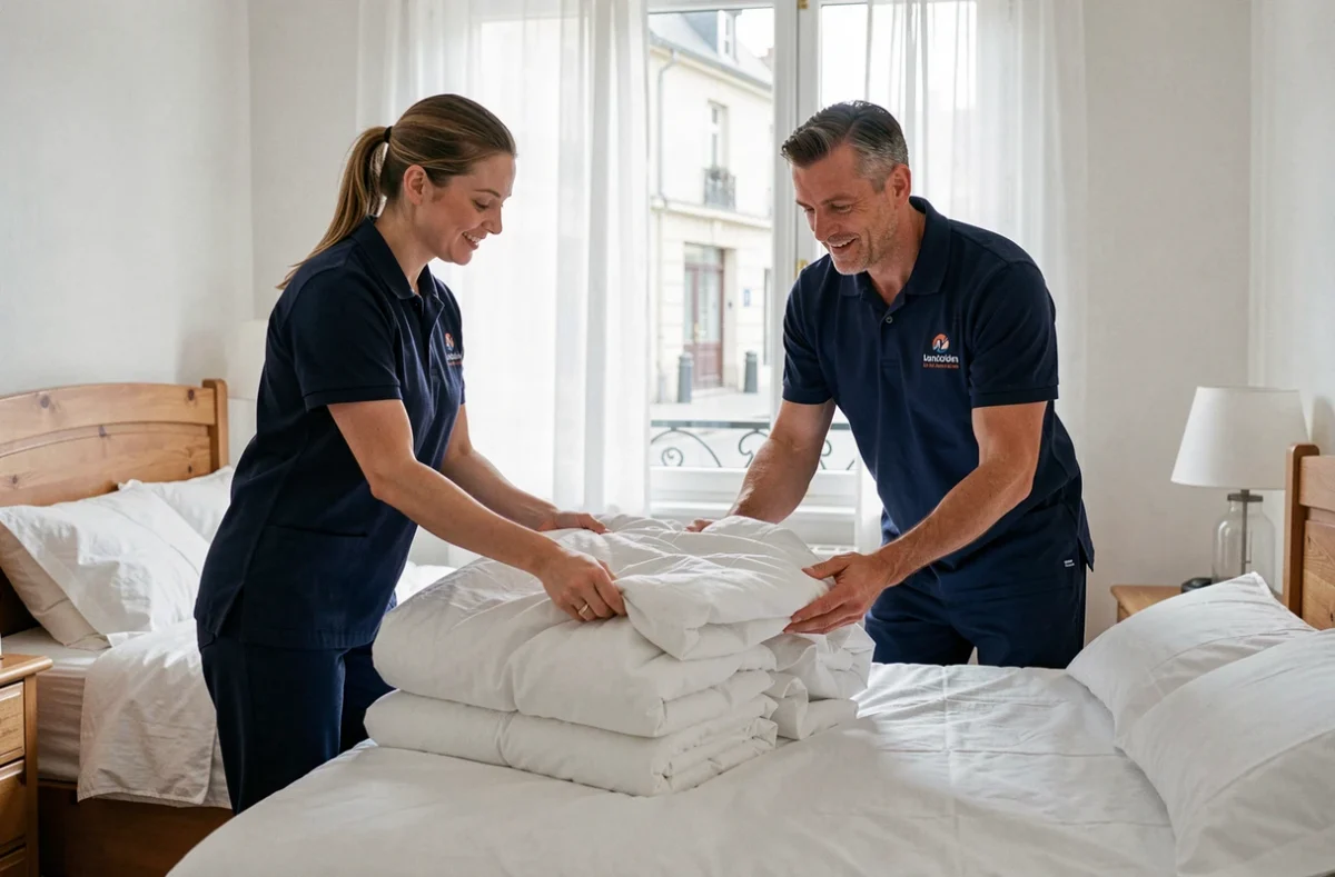 Deux prestataires de ménage à domicile pliant du linge dans une chambre à Dijon