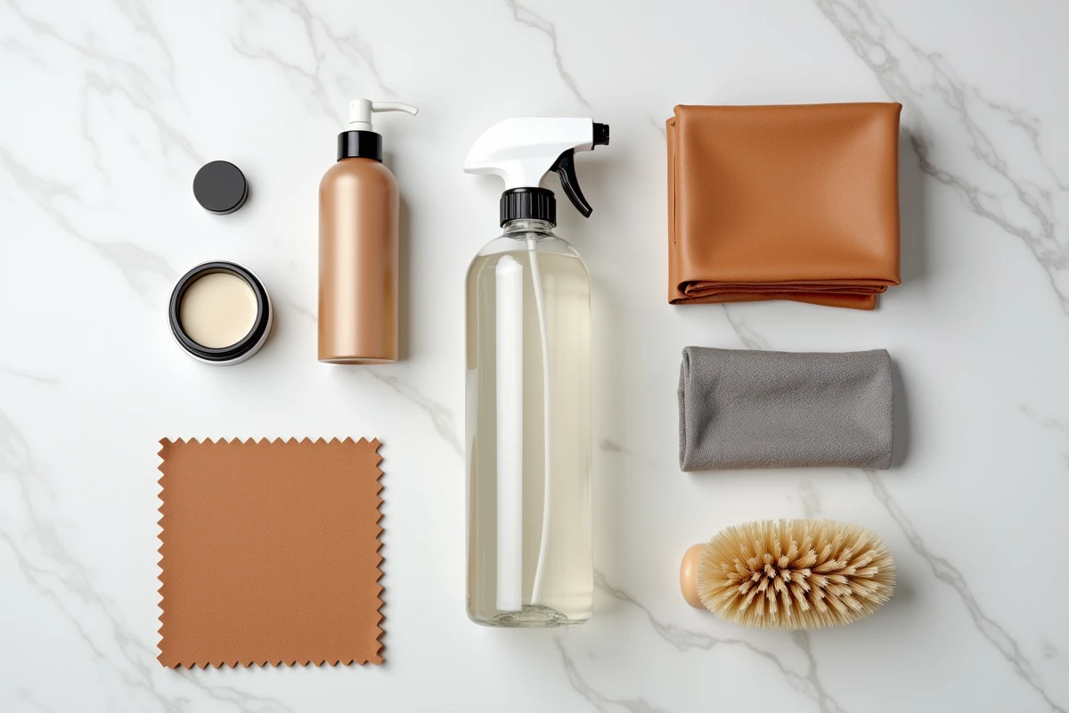 Produits nettoyants pour canapé en cuir disposés en flat lay sur marbre blanc avec chiffons microfibre et brosse douce