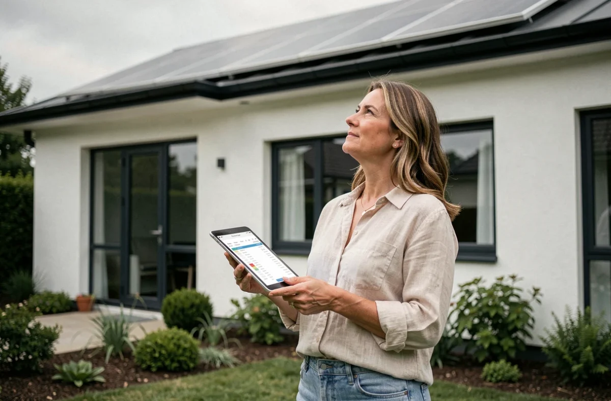 Propriétaire évaluant le prix de panneaux solaires LG installés sur sa maison moderne