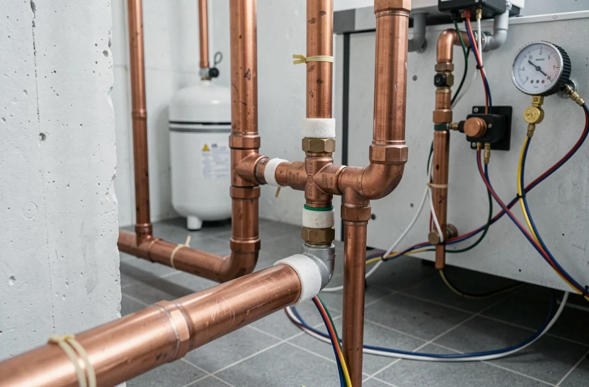 Détail des raccordements de tuyauterie et câblage électrique d'une pompe à chaleur air-eau dans une chaufferie