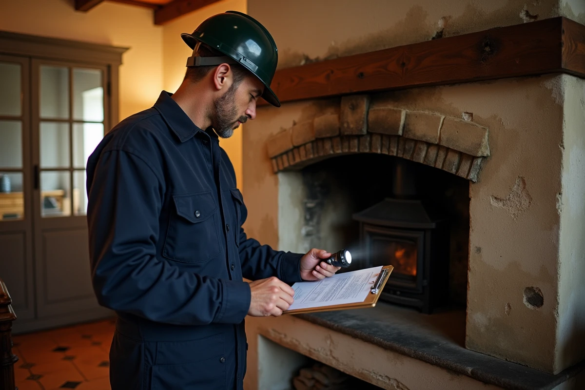 Ramoneur professionnel inspectant un conduit de cheminée avec certificat de ramonage affiché dans une maison ancienne