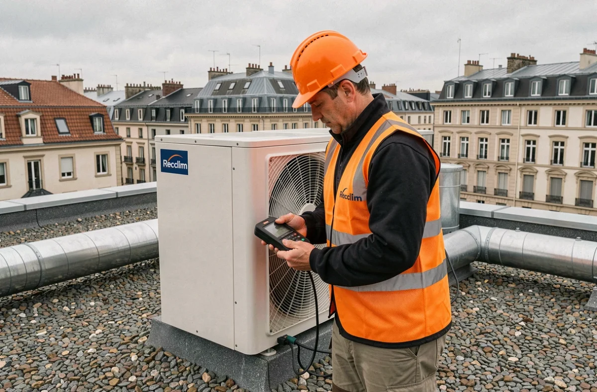 Technicien Reaclim effectuant la mise en service d'une pompe à chaleur commerciale sur un toit à Limoges