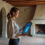 Femme consultant une application d'aménagement intérieur IA dans une maison ancienne en rénovation avec murs en pierre apparente