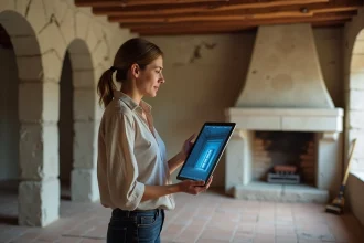 Femme consultant une application d'aménagement intérieur IA dans une maison ancienne en rénovation avec murs en pierre apparente
