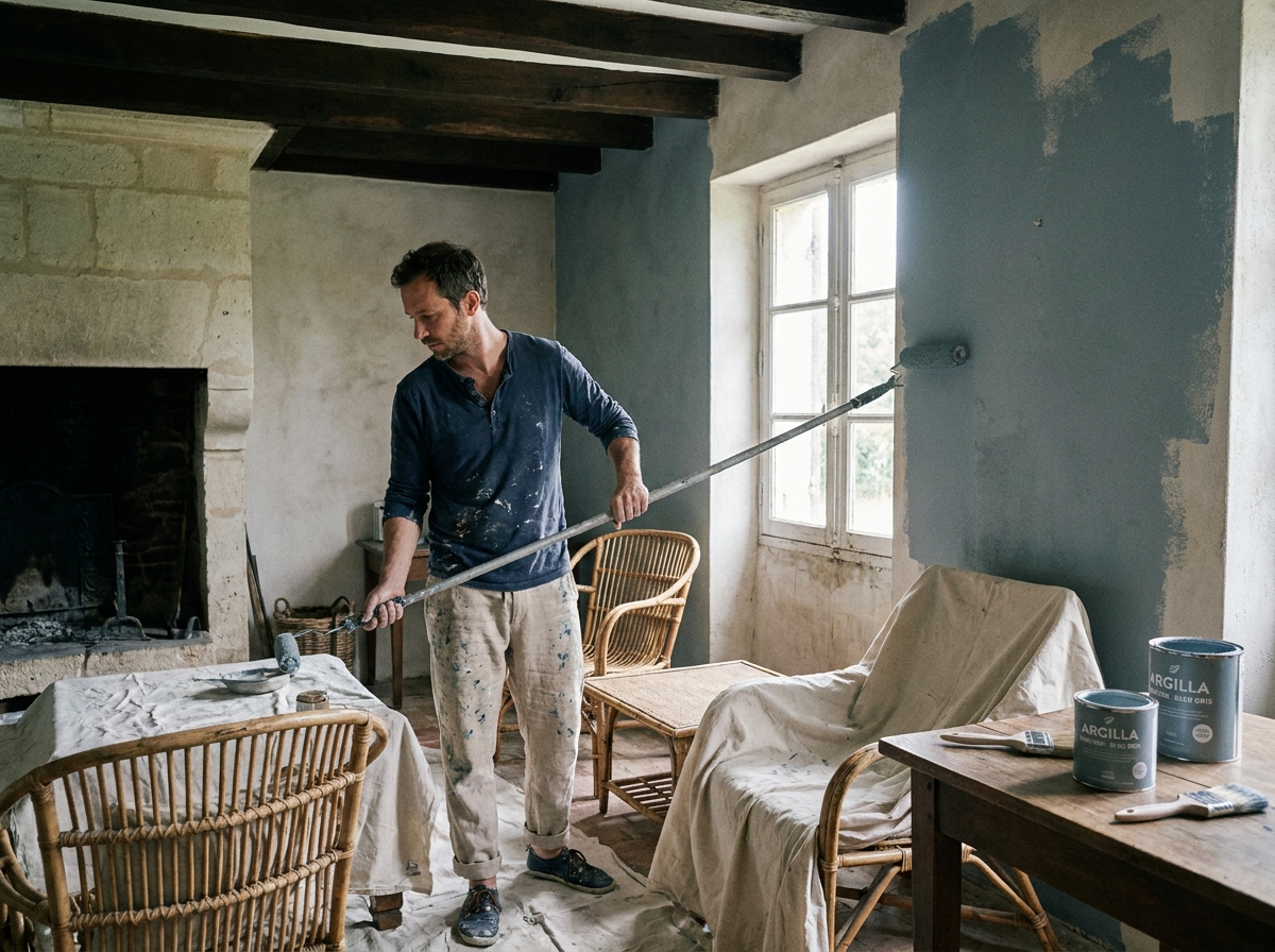 Homme peignant un mur en bleu gris mat dans une longère girondine en cours de rénovation pour changer l'ambiance de la maison