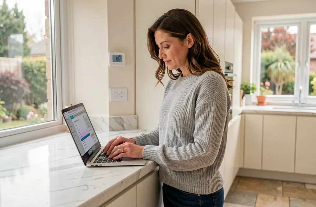 Femme analysant la rentabilité de sa pompe à chaleur Daikin Altherma sur un ordinateur portable dans une cuisine moderne