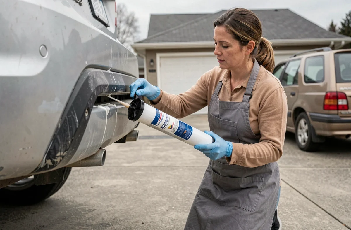 Femme appliquant un adhésif époxy bicomposant entre un pare-chocs plastique et un support métallique sur une voiture dans une allée résidentielle