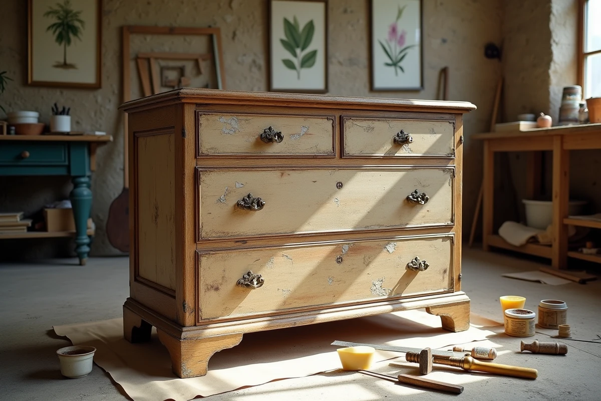 Commode ancienne abîmée en cours de restauration dans un atelier d'antiquaire à Caen avec outils de menuiserie