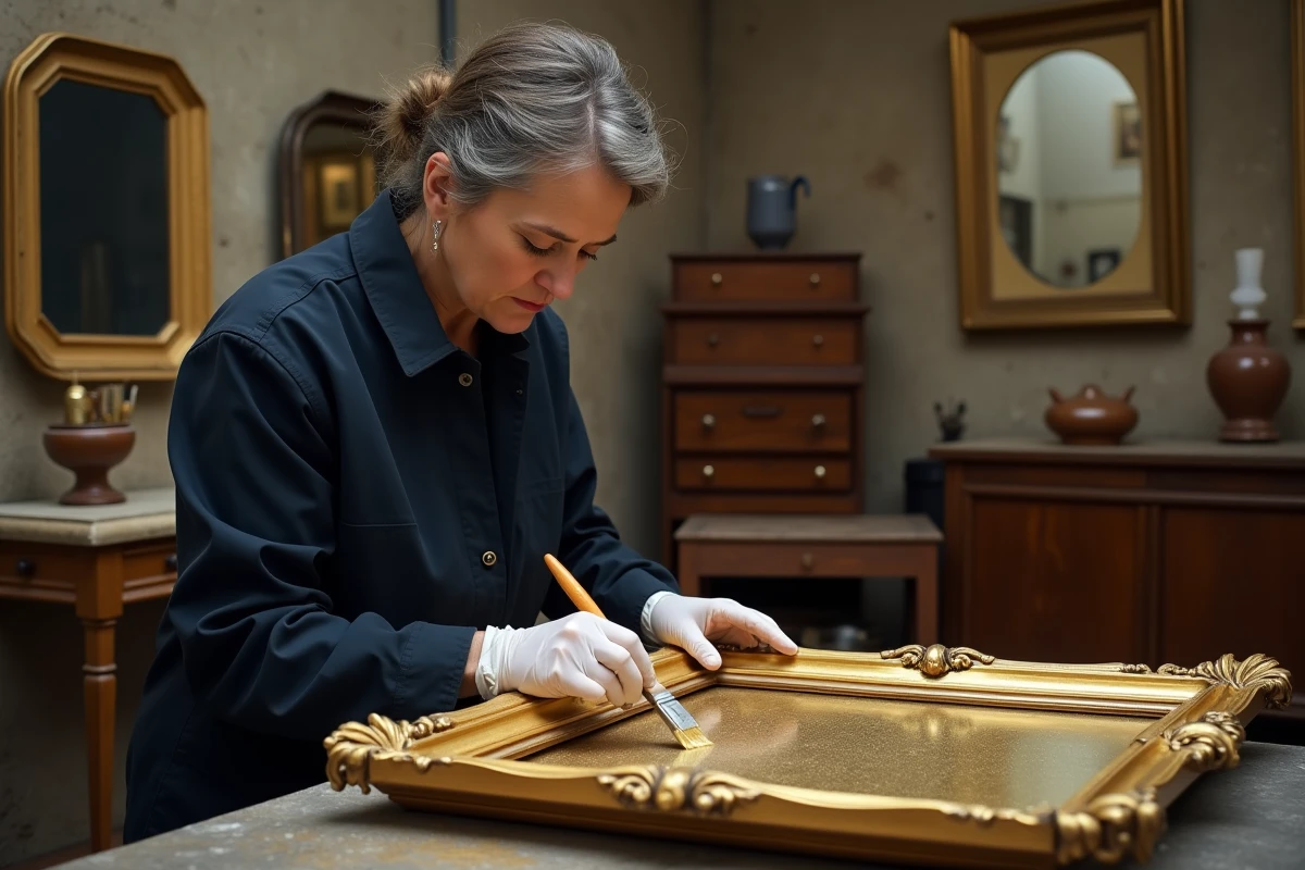 Restauratrice d'antiquités à Caen appliquant des feuilles d'or sur un cadre sculpté dans un atelier de restauration