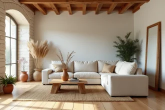 Salon style campagne chic avec parquet massif en pin à larges lames, canapé en lin écru et poutres apparentes