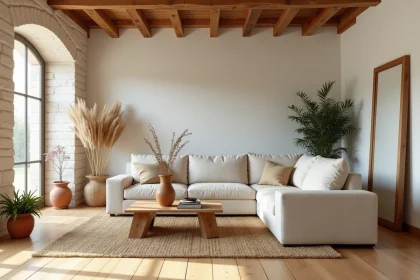 Salon style campagne chic avec parquet massif en pin à larges lames, canapé en lin écru et poutres apparentes