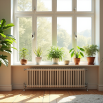 Salon moderne avec radiateur energie et plantes vertes