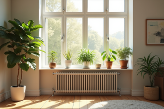 Salon moderne avec radiateur energie et plantes vertes